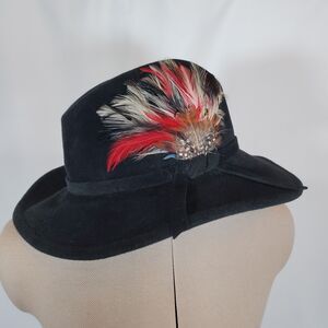 Vintage Betmar Black Wool Fedora Wide Brim Feather Detail Felt Size One